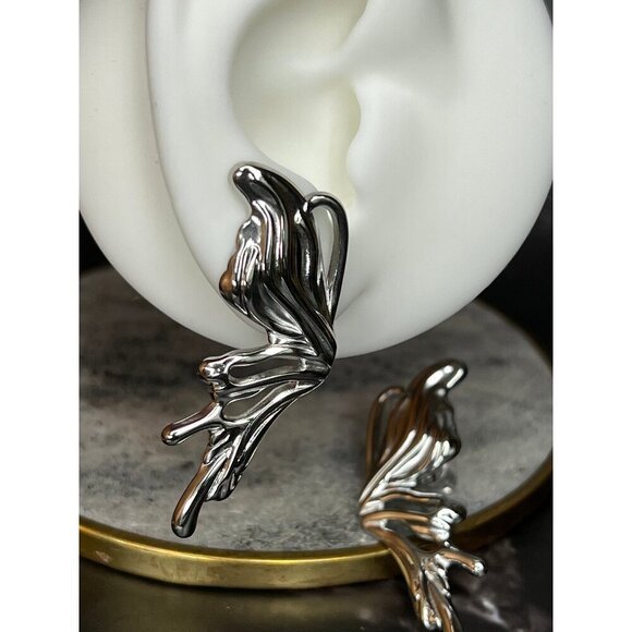 Kim Silver-Tone Asymmetrical Butterfly Earrings - Stainless Steel Earrings - Picture 8 of 10